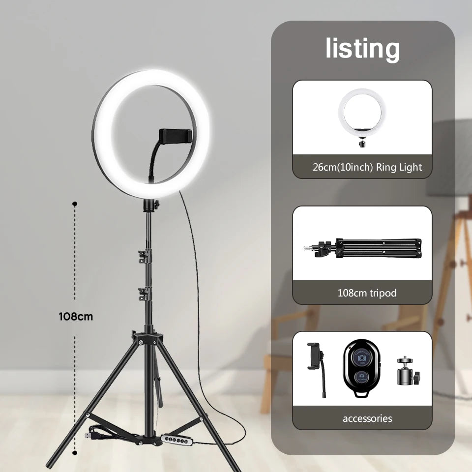 10" 26Cm LED Selfie Ring Light Photography Video Light Ringlight Phone Stand Tripod Fill Light Dimmable Lamp Trepied Streaming